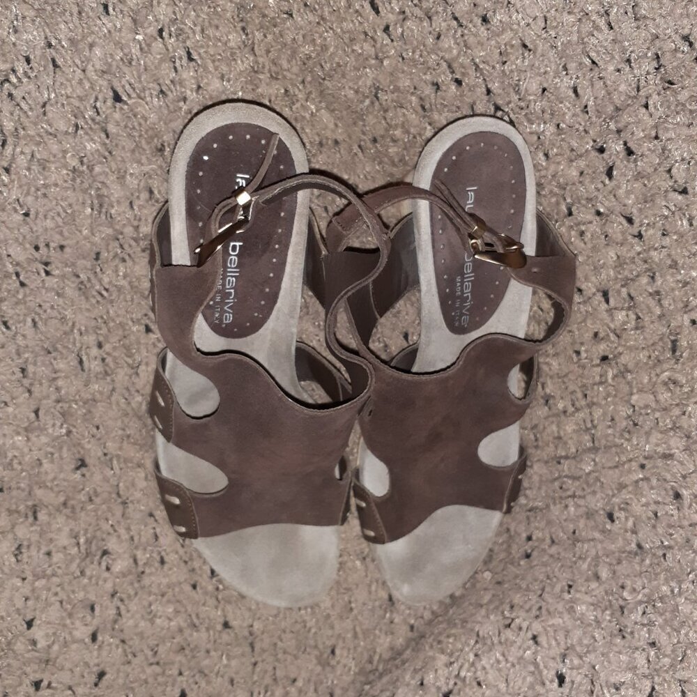 LAURA BELLARIVA-ITALY-Brown Suede Cut-Out Slingback Sandals-Curved Heel-Sz 39-EX - Picture 6 of 7